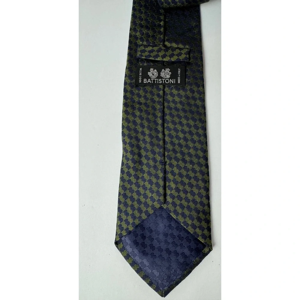 Battistoni Roma Mens Silk Tie Olive Green Navy Blue Geometric Checkerboard Italy